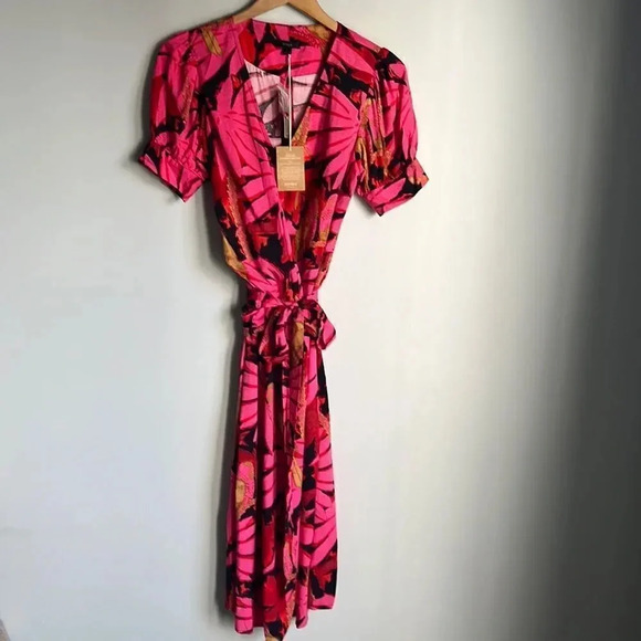 NEW J Crew Luxurious Red Gold Burgundy Palm Faux Wrap Midi Dress - Picture 2 of 13